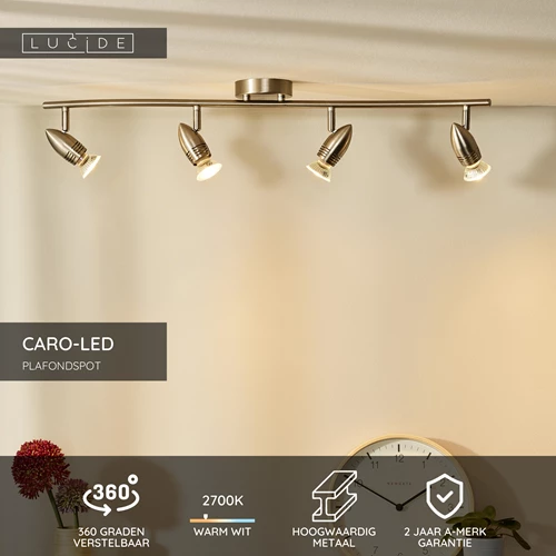 Lucide CARO-LED - Plafondspot - LED - GU10 - 4x5W 2700K - Mat chroom - USP